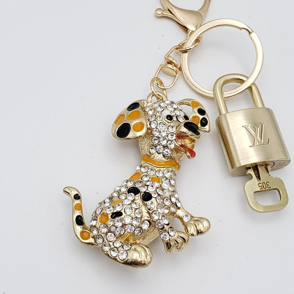 Authentic Louis Vuitton Gold Padlock & Key w/Unbranded Rhinestone Dog Keychain - Picture 5 of 9
